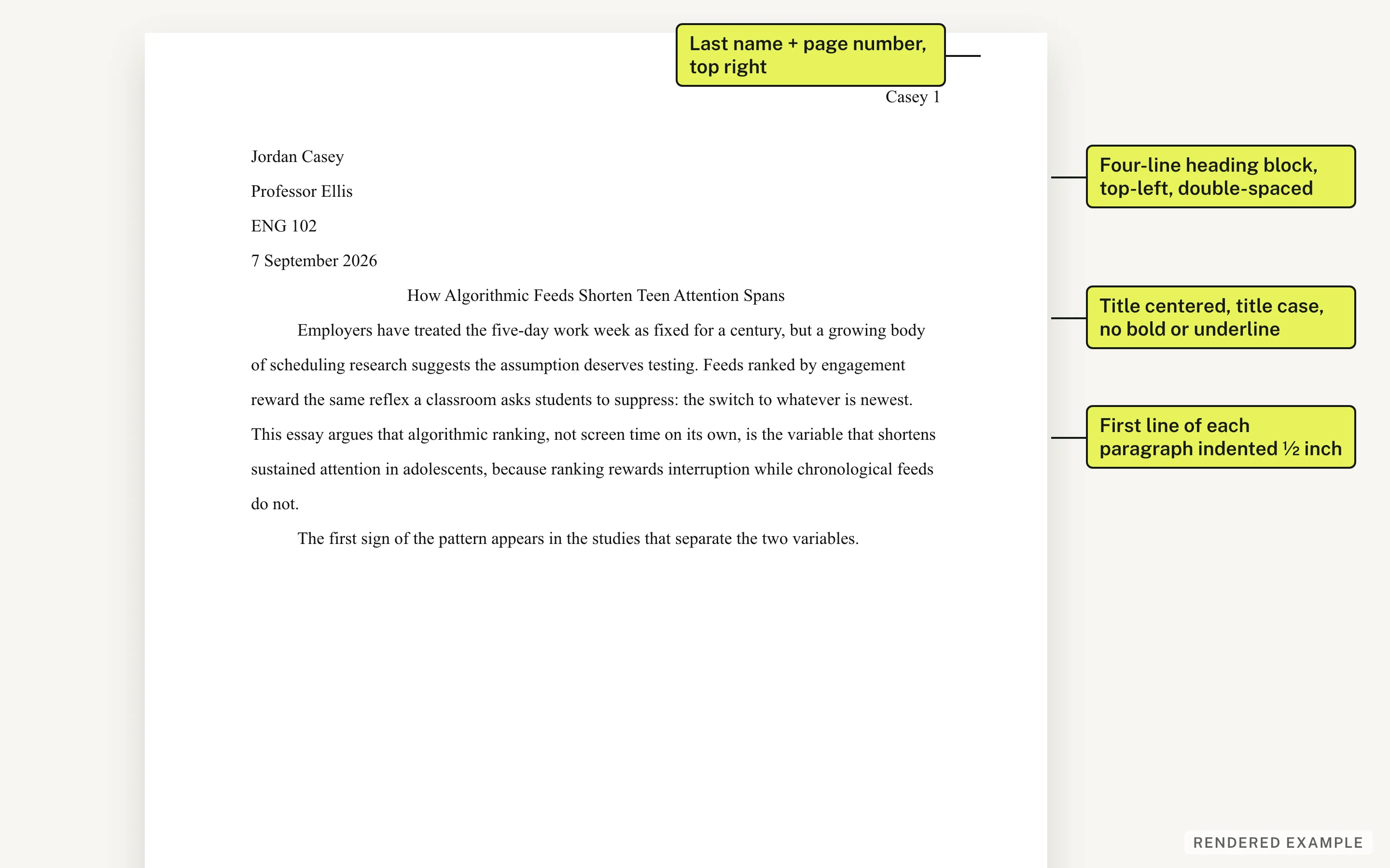 MLA 9 first page showing the four-line heading block and the centered title in title case