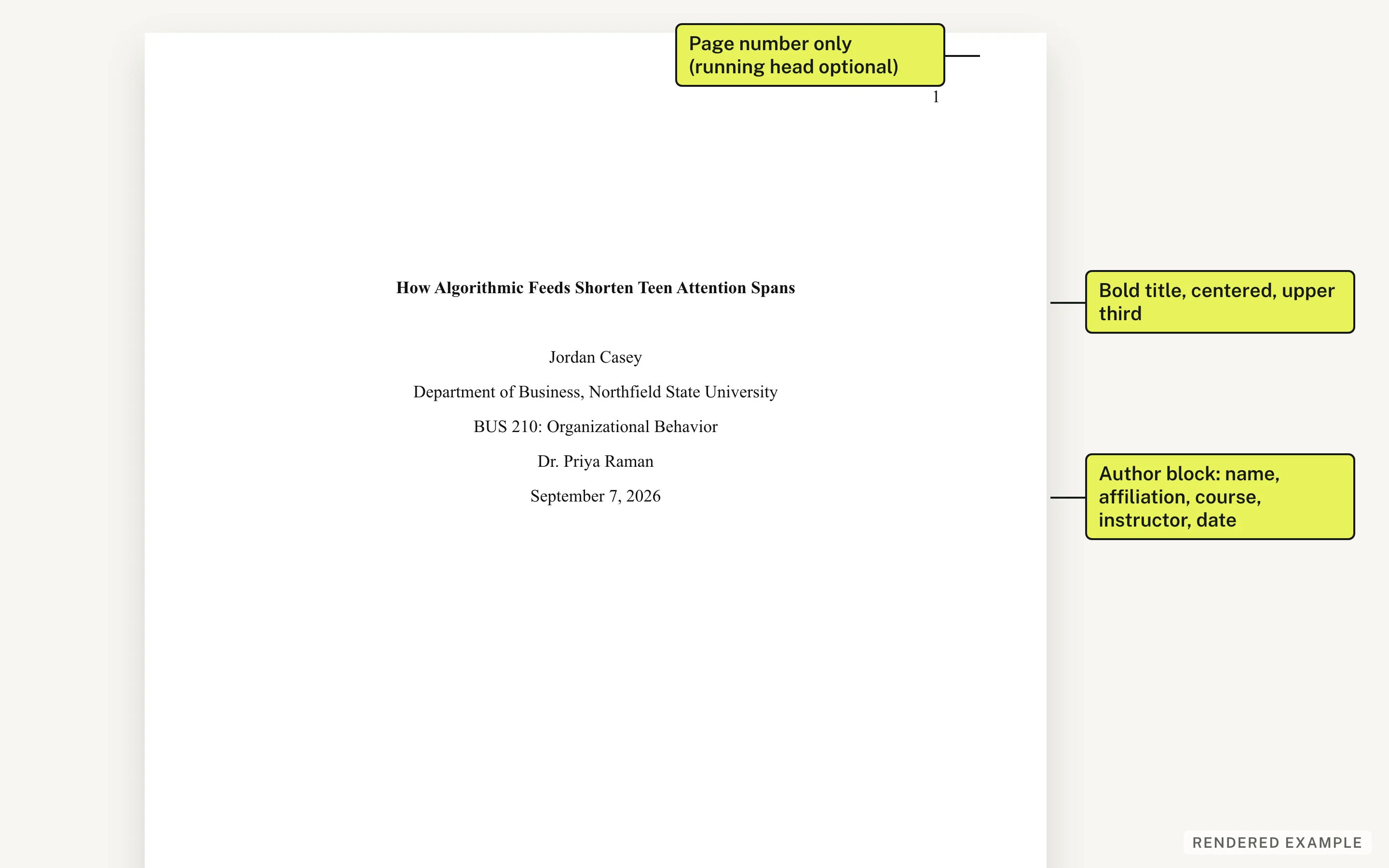 APA 7 student title page showing the bold centered title and the author block below it