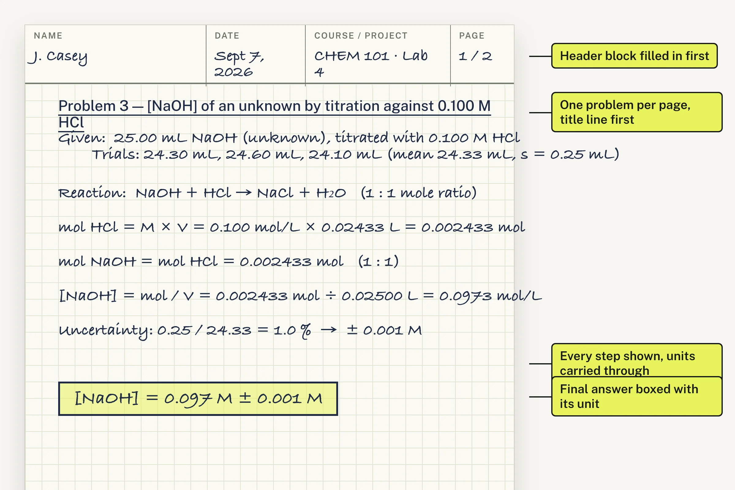 Correctly headed sheet of engineering computation paper with header block, worked calculation and boxed final answer