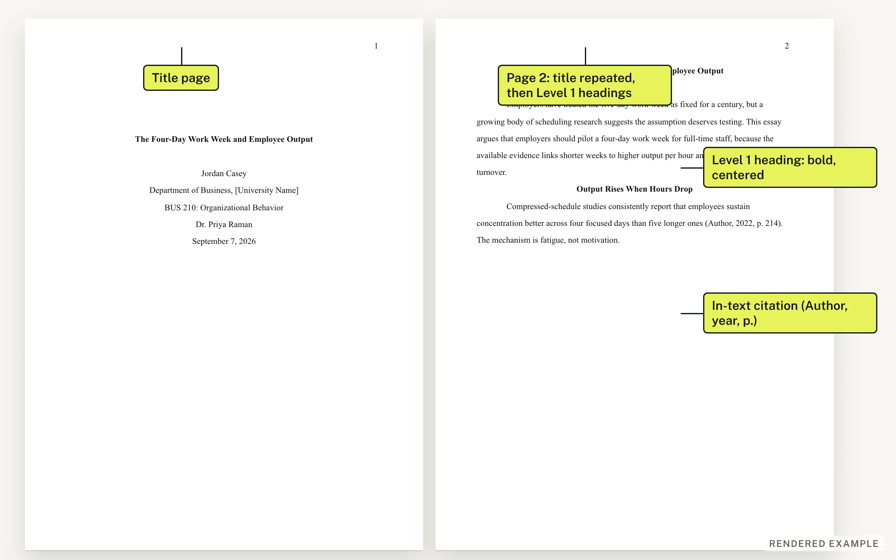 Screenshot of the APA 7 sample essay above showing the title page, running head and level-1 heading as they appear on the printed page